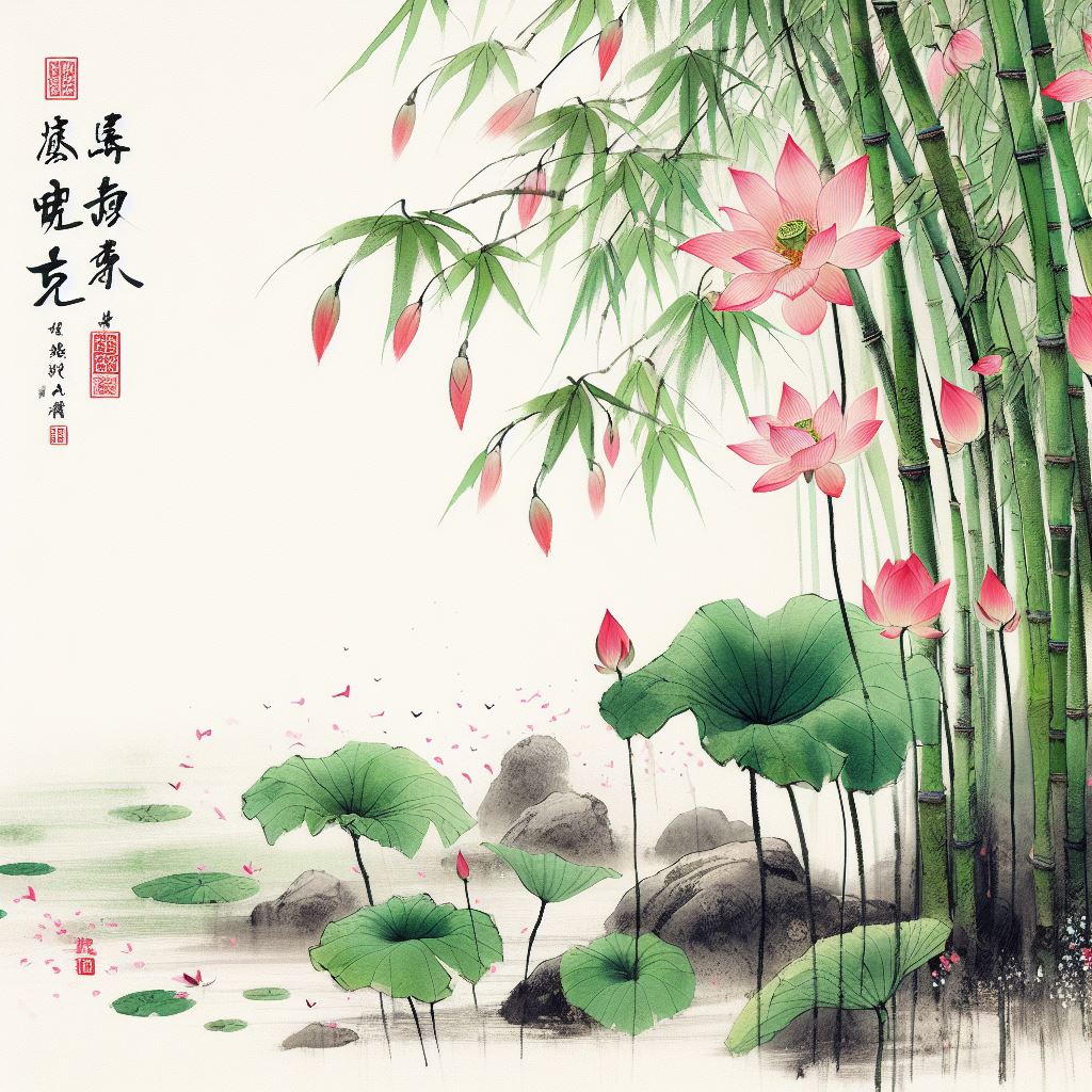 绿竹含新粉，红莲落故衣。
